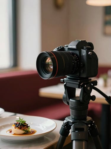 Close-up of a professional camera on a tripod focusing on a chef plating a dish in a cozy, Scandinavian-style restaurant, soft natural side-lighting.