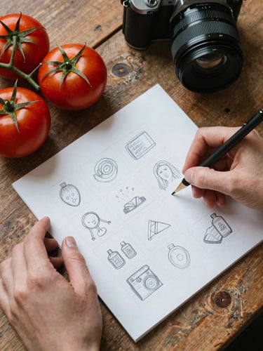 Overhead flat-lay of a rustic wooden table with fresh tomatoes, a camera lens, and hands sketching a social media grid on parchment paper, warm side-lighting.