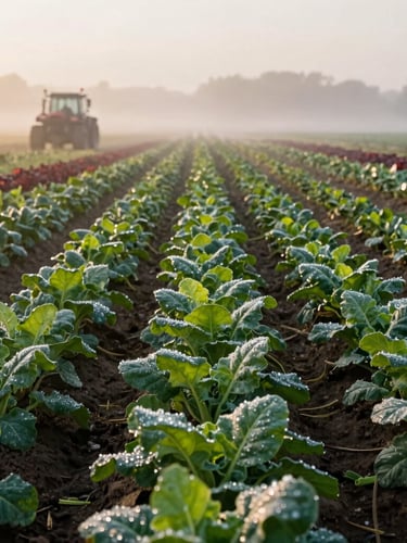 A wide panoramic view of a misty organic farm at sunrise, soft side-lighting, rows of leafy greens with dew drops, a distant tractor, warm editorial photography