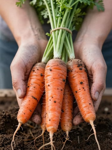 A close-up of dirt-caked hands holding freshly harvested heirloom carrots, soft Scandinavian morning daylight, rich soil textures, shallow depth of field, 35mm
