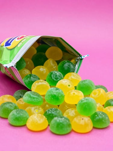 Wide portrait shot of an open bag of colorful gummy candies tipped sideways, vivid green and yellow gummies cascading onto a flat magenta surface, hard high-key studio light from above, saturated solid color background, no shadows, product macro framing
