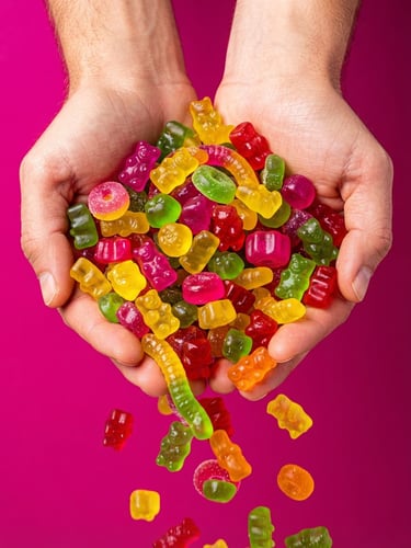 Close-up macro of hands cupping a generous handful of colorful gummy candies — magenta, yellow, green — against a vivid saturated magenta backdrop, hard bright studio light, overhead angle, candies spilling between fingers, textures sharp and glossy