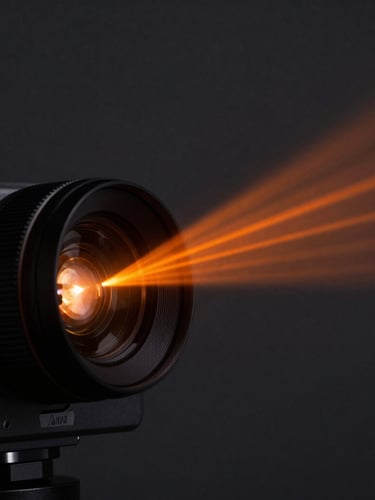 Extreme close-up of a premium high-end laser projector lens emitting a sharp, concentrated orange vector beam in a dark, atmospheric studio
