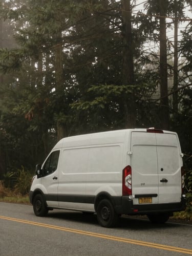 Wide environmental shot of a delivery van parked on a quiet, foggy morning road in the Pacific Northwest, tall pine trees shrouded in mist, desaturated earthy tones, moody film photography.