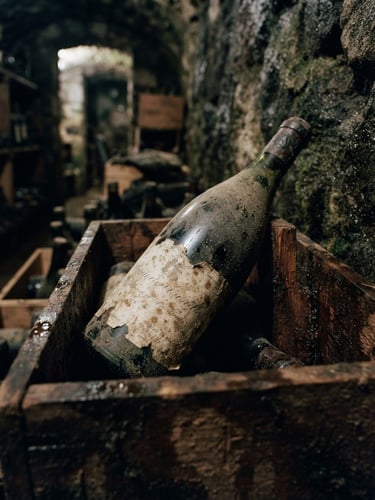 Moody close-up of a dusty hand-labeled wine bottle resting in a wooden crate inside a damp stone cellar, low-key natural light, 35mm film grain.