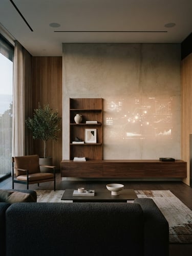 Wide shot of a minimalist luxury interior with subtle digital interface projections on a wall, soft diffused natural daylight, tactile materials like brushed steel and warm wood, 35mm
