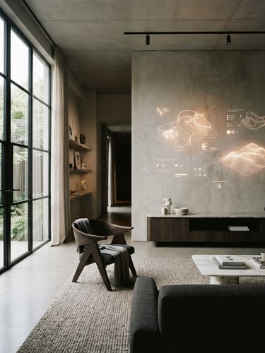 Wide cinematic shot of a minimalist luxury interior with a subtle digital interface projection on a wall, soft diffused natural daylight, bleeding left.