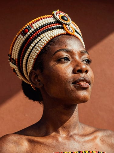 Dignified close-up portrait of a female dancer in traditional Yoruba beaded crown, high-contrast natural shadows, rich terracotta tones, warm editorial photography