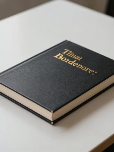 A physical hardcover book with matte black cover and gold typography resting on a clean minimalist desk, soft editorial lighting.
