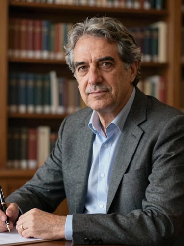 Sober portrait of author Antonio Carlos Mazzei in a refined library, natural side lighting with soft shadows, holding a fountain pen, executive atmosphere