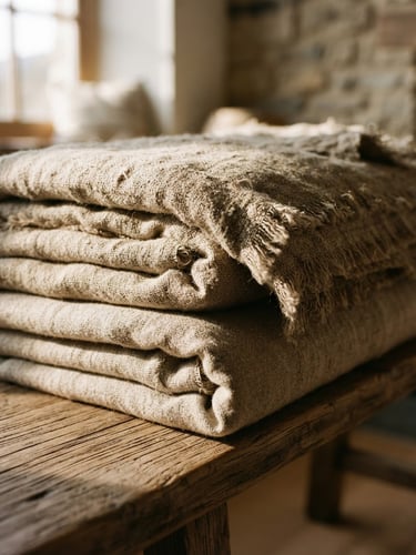 Close-up portrait of folded heavy-weight Belgian linen quilts stacked on a raw oak bench, low raking afternoon window light casting deep shadows on the coarse weave, warm earth tones, 35mm.