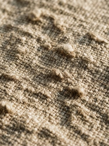 Macro crop of heavy oatmeal-colored Belgian linen showing raw slub texture, low raking afternoon window light casting deep shadows, 35mm editorial photography.