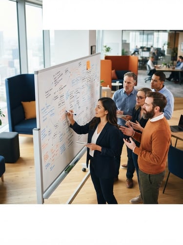 Wide shot of a modern, clean collaborative workspace with a team brainstorming around a whiteboard, natural daylight, soft shadows, focused professionals, deep blue and orange accents, shallow depth of field.