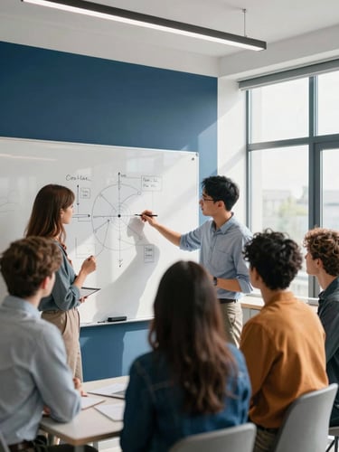 Wide shot of a diverse team brainstorming around a whiteboard in a modern, sunlit office, focused on strategic diagrams, shallow depth of field.