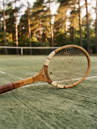 A close-up of a vintage wooden tennis racquet resting on a freshly swept green clay court, soft golden hour sunlight filtering through tall pine trees in the background, 35mm film look.