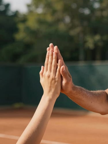 A close-up of a tennis coach demonstrating a grip to a student on a clay court, soft natural daylight, shallow depth of field, forest green background.