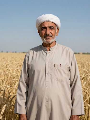 Dignified portrait of an Afghan agricultural cooperative leader standing in a sunlit wheat field, warm neutral tones, sharp focus, 35mm