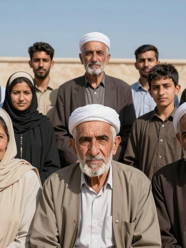 Dignified portrait of diverse Afghan community elders and youth in a bright, natural daylight assembly, direct confident eye contact, warm neutral tones
