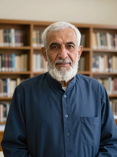 Dignified medium-close portrait of an elder Afghan scholar in a bright library, warm natural daylight, direct confident eye contact, deep blue and warm neutral tones, sharp focus, 35mm.