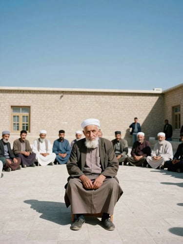 Dignified wide environmental portrait of Afghan elders and youth sitting in a bright, sunlit community assembly courtyard, 35mm editorial photography, natural daylight