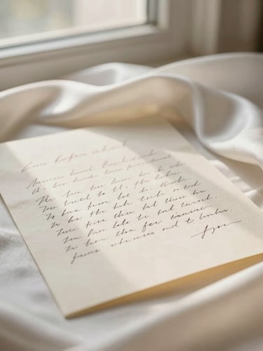 A close-up of draped ivory silk and a delicate handwritten letter on heavy paper stock, soft morning window light, shallow depth of field, warm editorial tone.