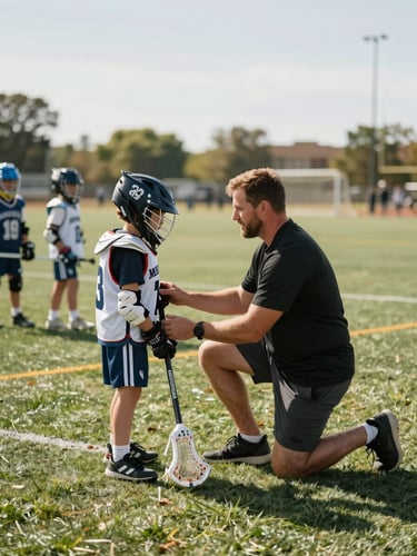 Wide environmental shot from field level, a youth lacrosse coach kneeling beside a young elementary-age kid on a green practice field, coach's hands guiding the child's grip on a lacrosse stick, natural bright midday daylight, other kids visible blurred in the background waiting their turn, warm and unhurried atmosphere