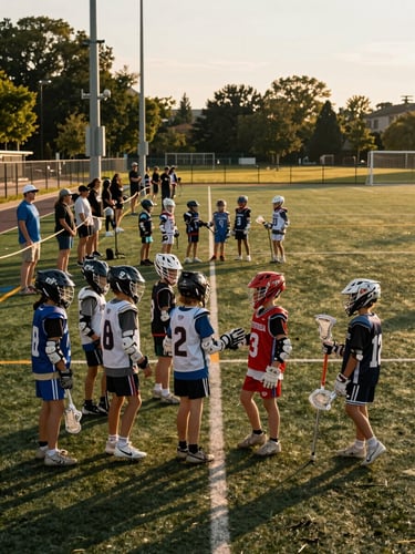 Close environmental shot from the corner of a youth lacrosse tournament — kids in mismatched gear shaking hands across the center line after a game, a cluster of parents watching from behind a rope line to the left, natural golden-hour light raking across the field, wide framing with the full sideline visible