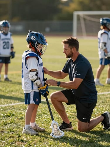 Close environmental shot of a volunteer lacrosse coach kneeling beside a young player, hands guiding the player's grip on a lacrosse stick, natural daylight on a grass practice field, other kids visible mid-drill in the background, warm afternoon light