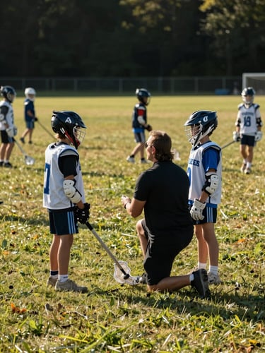 Wide environmental shot from the side of a youth lacrosse practice field in natural daylight — a coach kneeling mid-instruction beside two players of different heights, one holding a stick at an awkward beginner angle, the other watching intently; full field visible in background with more kids scattered at various skill drills, warm afternoon light across the grass