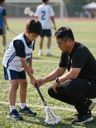 Close environmental shot on a real practice field, a coach crouching beside a young player demonstrating proper stick grip, both looking down at the lacrosse stick together, natural afternoon daylight, grass and other players visible softly out of focus in the background, candid documentary framing