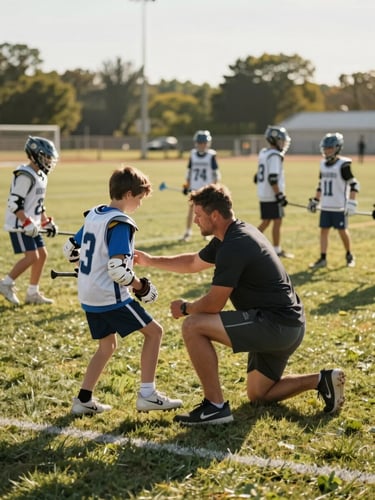 Close environmental shot at a community lacrosse practice field, a coach mid-instruction crouching beside two middle-school-age kids of different sizes, demonstrating footwork positioning, natural afternoon daylight casting warm shadows on the grass, full team visible in background doing drills, documentary candid feel