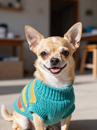 A happy small chihuahua wearing a colorful knitted turquoise sweater, looking at the camera, bright natural daylight, Celaya workshop background, shallow depth of field