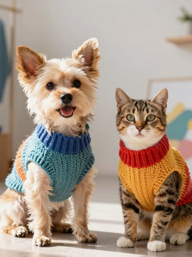 Warm editorial photography of a happy small dog and a stylish cat sitting together indoors wearing colorful hand-knitted sweaters, bright natural daylight, Celaya workshop background, shallow depth of field, 35mm