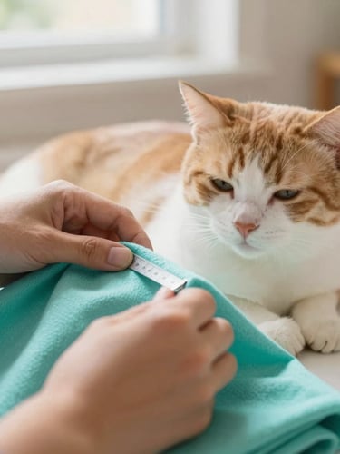 Close-up of artisan hands carefully measuring a soft turquoise fabric next to a sleeping cat in a sunlit room, shallow depth of field, 35mm