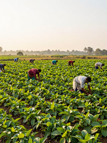 Wide shot of a vibrant Indian agricultural field at sunrise, showing farmers tending to crops, natural daylight, rich saturated colors, sharp focus.