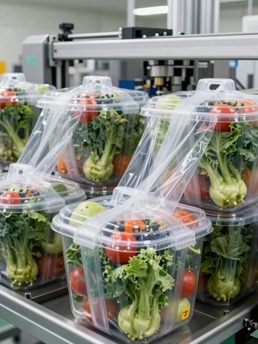 Modern packaging facility interior, automated machinery carefully sealing fresh produce into large, durable bulk containers, clean high-key studio lighting, focus on precision and hygiene.