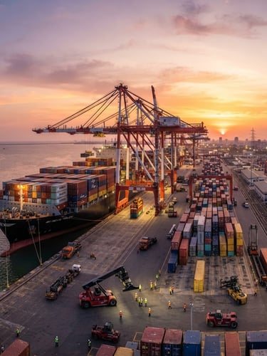 Wide panoramic view of a cargo ship being loaded with containers at a bustling Indian port, sun setting, focus on the scale of logistics, professional B2B commercial aesthetic.