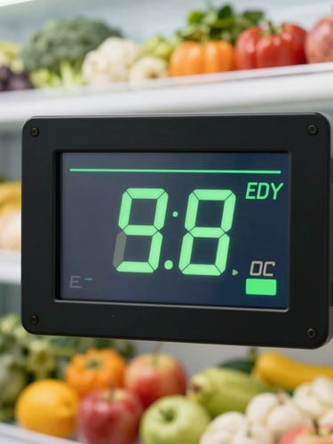 Close-up of a digital display showing temperature data inside a refrigerated shipping container, with a blurred background of agricultural products, bright, high-key studio lighting.