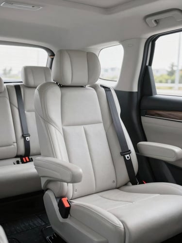 Immaculate interior of a modern passenger vehicle, clean leather seats, bright natural daylight, highlighting safety and comfort.
