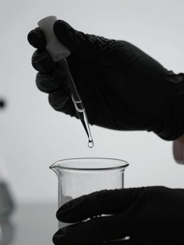 Hands in black protective gloves holding a glass pipette over a laboratory beaker, high-contrast side lighting, minimalist laboratory environment, sharp focus on liquid droplet.