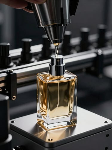 Sleek glass perfume bottle being filled with golden liquid on an automated luxury assembly line, sharp focus, dramatic side lighting