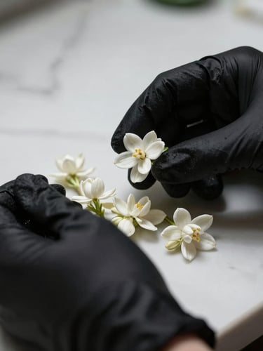 Hands in black gloves carefully handling delicate regional jasmine blossoms on a white marble counter, macro lens, dramatic side lighting