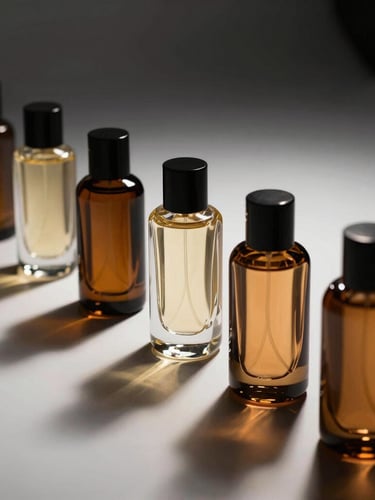 Sleek amber glass perfume bottles lined up on a reflective white surface, dramatic high-contrast side lighting, sharp shadows, minimalist luxury editorial photography.