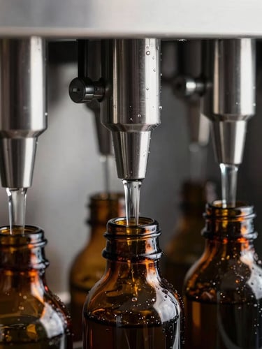 Macro shot of high-tech stainless steel automated bottling nozzles dispensing clear liquid into sleek amber glass bottles, dramatic side lighting, sharp details