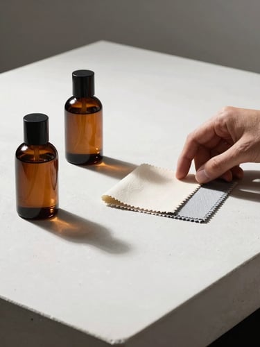 A creative director examining fabric swatches next to minimalist amber scent bottles on a clean white concrete table, soft side lighting
