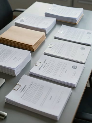 Wide professional desk workspace, neatly stacked certified documents and stamped folders arranged in rows under diffused office light, overhead flat-lay perspective, cool gray surface, no people