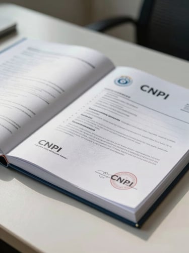 Close-up of an open professional dossier on a clean desk, official CNPJ certificate visible with institutional stamps, organized paperclipped documents beside it, soft diffused daylight from the left, no people