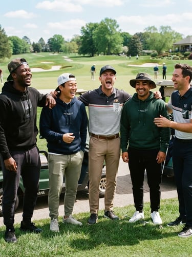 A candid group shot of young, cool, stylish male golfers hanging out on a sunny course, laughing and having fun. They are wearing modern streetwear-infused golf apparel: custom branded hoodies, graphic polos, joggers, and structured hats. Saturated, high-contrast daylight, 35mm lens style.