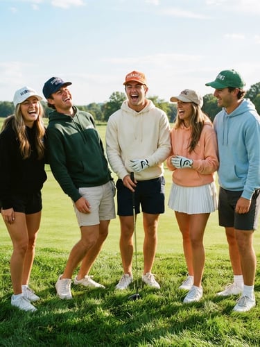 Candid low-angle shot of a group of young, stylish golfers hanging out on a sunny green, wearing modern golf hoodies, branded hats, and shorts, laughing together, vibrant 35mm style