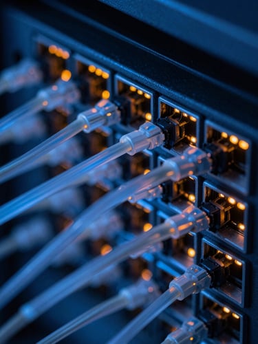 Macro close-up of high-density fiber optic terminations glowing with cool blue ambient light and sharp electric orange LED indicators, server rack background, 35mm